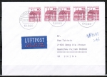 Bund 1028 als portoger. MeF mit 5x roter B+S - Marke aus Bogen Paare / Rand auf bersee-Brief bis 20g von 2001 nach China, AnkStpl.
