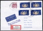 Bund 1329 als portoger. MiF mit 4x 80 Pf Bremen + 60 Pf B+S auf Luftpost-Einschreibe-Brief 10-15g von 1987 nach Israel, rs. Mngel