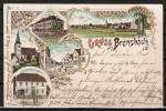 Litho-Ansichtskarte Brensbach, mit Restauration Zur Post, gelaufen 1898 - Marke stark defekt und ganz leichter Schrg-Bug Schule / Eingang des Ortes