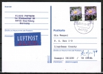 Bund 2463 als portoger. MeF mit 2x 50 Cent Blumen / Aster auf Luftpost-Postkarte von 2005-2010 nach China/AnkStpl., 1x blasse + 1x rötliche Marke !