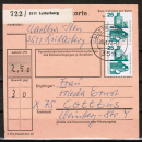 Bund 697 als portoger. MeF mit 10x 25 Pf Unfallverhütung aus Rolle auf Paketkarte von 1972-1974 in die DDR
