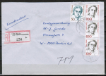 Bund 1390 als portoger. MiF mit 3x 100 Pf Th. Giehse auf Inlands-Einschreibe-Brief von 1989-1992