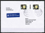 Bund 3303 als portoger. MeF mit 2x 45 Cent Blumen Seerose aus Rolle mit Strichcode auf A-Brief vom ZAG Büsingen von 2017-2019 in die Schweiz