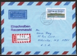 Bund ATM 2 - Nadeldruck - Marke zu 650 Pf als portoger. EF auf Übersee-Luftpost-Einschreibe-Brief bis 20g von 1993-1997 in die USA, mit Einl.-Schein