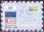 Bund ATM 1 - Marke zu 590 Pf als portoger. EF auf Luftpost-Einschreibe-Brief 15-20g von 1992-1993 in die USA, mit Einl.-Schein