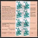 Bund 697 als portoger. MiF mit 8x 25 Pf Unfall aus Rolle rs. + vs. 40 Pf Heinemann auf Inlands-Paketkarte von 1972-1974