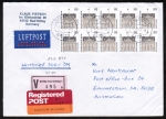 Bund 1935 als H-Blatt als portoger. EF mit  10x 110 Pf SWK "Bellevue" o/u geschn. aus MH auf Luftpost-Wertbrief 20-50g von 1997-2002 n. Australien, Label