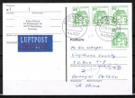 Bund 1038 als portoger. MeF mit 4x grüner 50 Pf B+S - Marken aus Rolle im Buchdruck auf Luftpost-Postkarte von 1997-2002 nach China, AnkStpl.