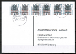 Bund 2187 MeF mit 6x 10 Pf / 0,05 ¤ SWK C/o.g. aus Skl.-MH auf Sammel-Anschriftenprüfungs-Postkarte