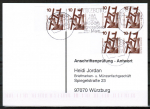 Bund 695 als portoger. MeF mit 6x 10 Pf Unfallverhütung aus 100er-Bogen auf Sammel-Anschriftenprüfungs-Postkarte von 1993-2002, codiert