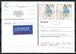 Bund 1500 als portoger. MeF mit 2x 100 Pf Sport 1991 auf Luftpost-Postkarte von 1996 nach Kanada, codiert