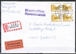 Berlin 832 als portoger. MeF mit 4x 140 Pf SWK aus Rolle auf Orts-Einschreibe-Rückschein-Brief bis 20g vom Februar 1991