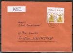 Berlin 832 als portoger. MeF mit 2x 140 Pf SWK als waagr. Oberrand-Bogen-Paar auf Auslands-Brief 50-100g von 1989-1991 nach Frankreich, F6-Format