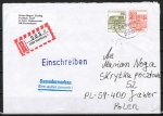 Bund 1143 als portoger. MiF mit 300 Pf + 80 Pf je B+S aus Rolle im Buchdruck auf Auslands-Einschr.-Brief 20-50g von 1982-1989 n. Polen, AnkStpl.