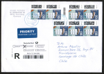 Bund 3646 als portoger. MeF mit 7x 100 Cent Briefe-Dauerserie aus Rolle auf Ausl.-Einschreibe-Brief 14x20 cm von 2025-2026 nach Chile, mit Einl.-Schein