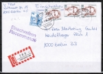 Berlin 771 als portoger. MiF mit 3x 80 Pf Frauen-Serie + 70 Pf B+S-Serie auf Orts-Einschreibe-Brief bis 20g von 1990, codiert, Mängel