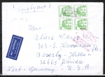 Bund 1038 als portoger. MeF mit 4x grüner 50 Pf B+S - Marke aus Rolle im Buchdruck auf Luftpost-Brief 15-20g von 1986 in die USA, rs. Code