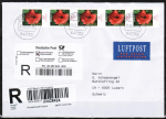 Bund 2472 als portoger. MeF mit 5x 55 Cent Blumen / Klatschmohn aus Rolle auf Einschreibe-Brief bis 20g von 2006-2010 in die Schweiz, Label