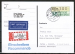 Bund ATM 1 - Marke zu 300 Pf in Spritzguss-Type als 10 Pf überfrank. EF auf Luftpost-Postkarte von 1988 nach Indien mit Einlieferungsschein