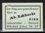 Zndholz-Etikett Hchst - VIVO-Lebensmittel - Adam Eckhardt, um 1960