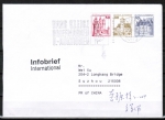Bund 916+914+913 o.g. als portoger. Zdr.-EF mit 50rot+30+10 Pf B+S oben geschnitten aus MH auf Infobrief bis 20g von 1997-2002 nach China, AnkStpl.