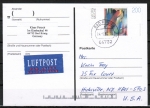 Bund 1844 als portoger. EF mit 200 Pf Georg Muche auf Übersee-Luftpost-Postkarte von 1996 in die USA, vs. codiert