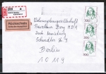 Bund 1433 als portoger. MeF mit 3x 300 Pf F. Hensel auf Inlands-Einschreibe-Rückschein-Brief 20-50g von 1993, Stpl.-Mängel