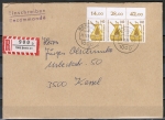 Berlin 832 als portoger. MeF mit 3x 140 Pf SWK als Oberrand-Reihe auf Inlands-Einschreibe-Brief 20-50g von 1989-1991, B6-Format