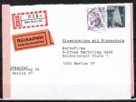 Berlin 824 als portoger. MiF mit 60 Pf Frauen-Serie + 500 Pf I+T Berlin auf Orts-Einschreibe-Rückschein-Brief bis 20g von 1989-1991