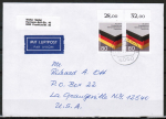 Bund 1265 als portoger. MeF mit 2x 80 Pf Heimatvertriebene auf Luftpost-Brief 5-10g von 1985-1989 in die USA/Code