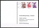 Bund 695+698+696 o.g. als portoger. Zdr.-EF mit Zdr. 10+30+20 Pf Unfall oben geschnitten aus MH auf Sammel-Anschriftenprüfungs-Postkarte von 1993-2002