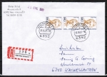 Berlin 848 als portoger. MeF mit 3x 140 Frauen-Serie auf Inlands-Einschreibe-Brief 20-50g mit Bund-Stempel vom Oktober 1991, rs. braune Klappe