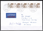 Bund 917 als portoger. MeF mit 5x brauner 60 Pf B+S - Marke aus Rolle auf Luftpost-Brief bis 20g von 1993-2002 nach China, AnkStpl.