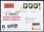 Bund 2530 als portoger. MeF mit 3x 220 Ct. Blumen / Edelweiß aus Bogen auf Auslands-Wertbrief / Rückschein von 2009-2010 in die Schweiz mit Label
