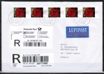 Bund 2669 als portoger. MeF mit 5x 55 Cent Blumen / Gartenrose aus Rolle auf Einschreibe-Brief bis 20g von 2008-2010 in die Schweiz, Label