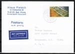 Bund 1095 als portoger. EF mit 90 Pf Sport 1981 auf Luftpost-Postkarte in die USA von 1982-1989, rs. kleine Code-Stempelchen