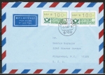 Bund ATM 1 - - 2 Marken zu 100 Pf als portoger. MeF auf Luftpost-Brief 15-20g von 1982-1989 in die USA, rs. kl. Code-Stempelchen
