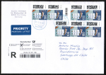 Bund 3646 als portoger. MeF mit 7x 100 Cent Briefe-Dauerserie aus Rolle auf Ausl.-Einschreibe-Brief 14x20 cm von 2025-2026 nach Chile, Ankunftsstempel