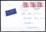 Bund 1028 als portoger. MeF mit 3x roter 60 Pf B+S - Marke aus Rolle im Buchdruck auf Luftpost-Brief 5-10g von 1982-1989 nach Kolumbien, AnkStpl.