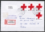 Bund 1387 als portoger. MeF mit 4x 80 Pf Rotes Kreuz auf Auslands-Einschreibe-Brief bis 20g von 1988 nach Polen / AnkStpl.