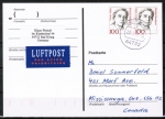 Bund 1390 als portoger. MeF mit 2x 100 Pf Th. Giehse auf Übersee-Luftpost-Postkarte von 1993-2002 nach Kanada, vs. codiert