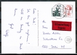 Bund 1393 als portoger. MiF mit 350 Pf Frauen und 60 Pf SWK auf Inlands-Eil-Postkarte von 1988, vs. Eilboten-Zusteller-Stempel