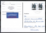 Bund 1934 C/o.g. als portoger. MeF mit 2x 100 Pf SWK "Goethe/Schiller" oben geschn. aus MH auf Lp-Postkarte von 1998-2002 n. Kanada, codiert