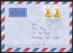 Bund 1380 als portoger. MeF mit 2x 90 Pf SWK als Oberrand-Bogen-Paar auf Luftpost-Brief 10-15g von 1988/1989 in die USA, rs. Code