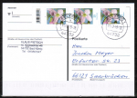 Bund 3424 als portoger. MeF mit 3x 15 Cent Blumen aus Rolle mit Scancode auf Inlands-Postkarte von 2018-2019, codiert