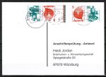 Bund 694+697 als portoger. Zdr.-MiF mit Zdr. 5 Pf Unfall im Kehrdruck-Zwischensteg mit anhäng. 25 Pf-Marken auf Sammel-Anschr.prüf.-Postkarte von 2001