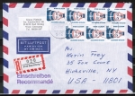 Bund 1374 als portoger. MeF mit 7x 70 Pf SWK Nofretete aus Rolle auf Luftpost-Einschreibe-Brief 15-20g von 1989-1992 in die USA