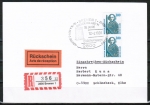 Bund 1381 als portoger. MeF mit 2x 280 Pf SWK aus Rolle auf Einschreibe-Rückschein-Postkarte mit passendem SST vom April 1991