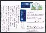 Bund 1406 als portoger. MeF mit 2x 100 Pf SWK "Alttting" aus Rolle auf Luftpost-Postkarte von 1997 nach Kanada, codiert