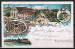 Litho-Ansichtskarte Rietschen mit Greiner's Gasthof und Bahnhof, gelaufen 1903, Preis Verhandlungssache
